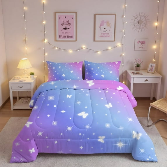 Psoiuetr Psoiuetr Gradient Butterfly Glitter Bedding Set for Kids Girls Teens Twin Size Galaxy Rainbow Comforter Set Blue Purple 3Pcs