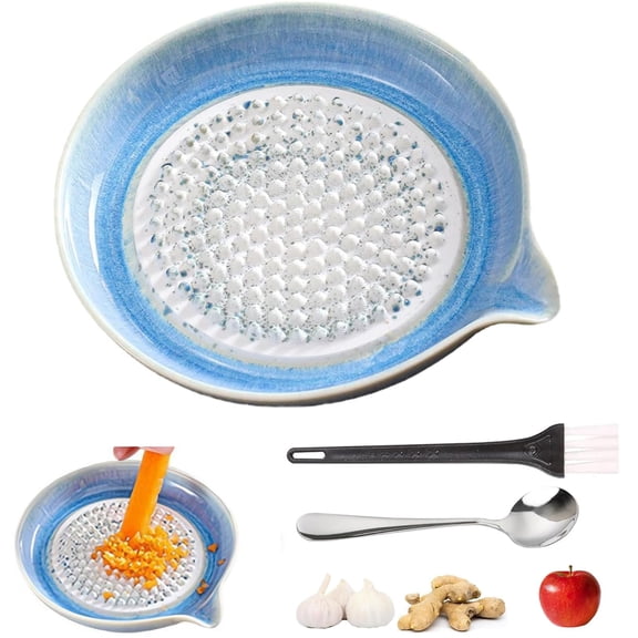 Gradient Ceramic Grater Plate – Handcrafted Multifunctional Grater for Ginger, Garlic,Cheese, Chocolate, Fruits & Vegetables – Unique Kiln-Fired Glaze, Easy-Pour Spout Includes Cleaning Brush (Green)