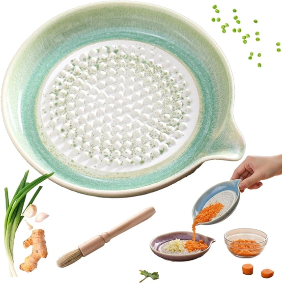Gradient Ceramic Grater Plate - Handheld Kitchen Grinding Dish with Spout, Porcelain Ginger Garlic Wasabi Grater for Fine Paste, Easy to Clean & Compact Size for Home Cooking (Green)