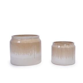 Gradient Ceramic Planters 2-Pack, Brown White Ombre Flower Pots with Drainage - All-Weather Modern Planters for Patio Garden Windowsill Decor