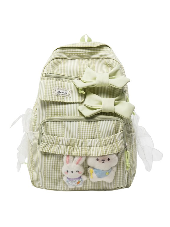 Gradient Check Print Aesthetic Knapsack, Bow Accent Polyester Daily Rucksack, Casual Lightweight Bookbag for Commute Leisure Travel, 17.72 Inch (Green)