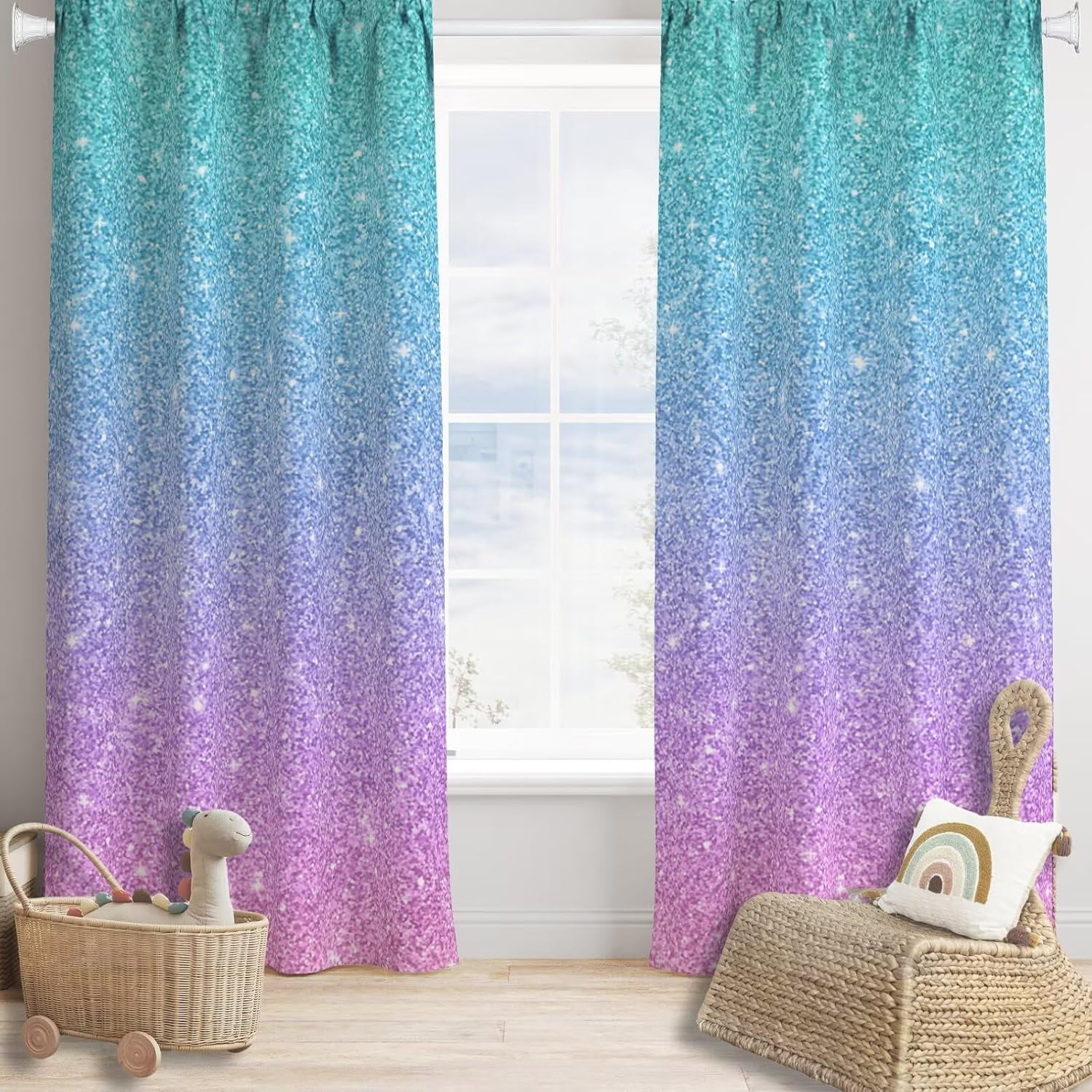 Gradient Color Blackout Curtains Beautiful Fantasy Green Blue Purple Pink Gradient Color Shiny Printed Kids Girls Bedroom Living Room Rod Pocket Decoration Window Drapes 2 Panels W42xL84in