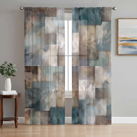 Gradient Color Block Abstract Art Chiffon Sheer Curtains 108 Inches Long, Twisted Line Modern Style 2 Rod Pocket Window Treatment Voile Drapes Curtains for Living Room Bedroom,2 Panels, 52x108In