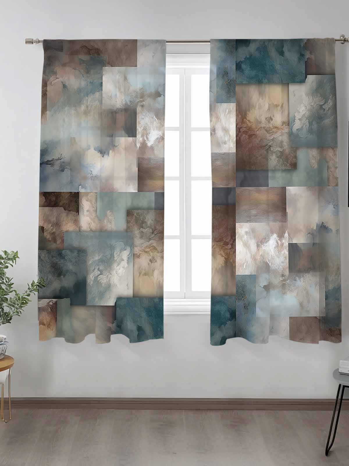 Gradient Color Block Abstract Art Chiffon Sheer Curtains 72 Inches Long ...