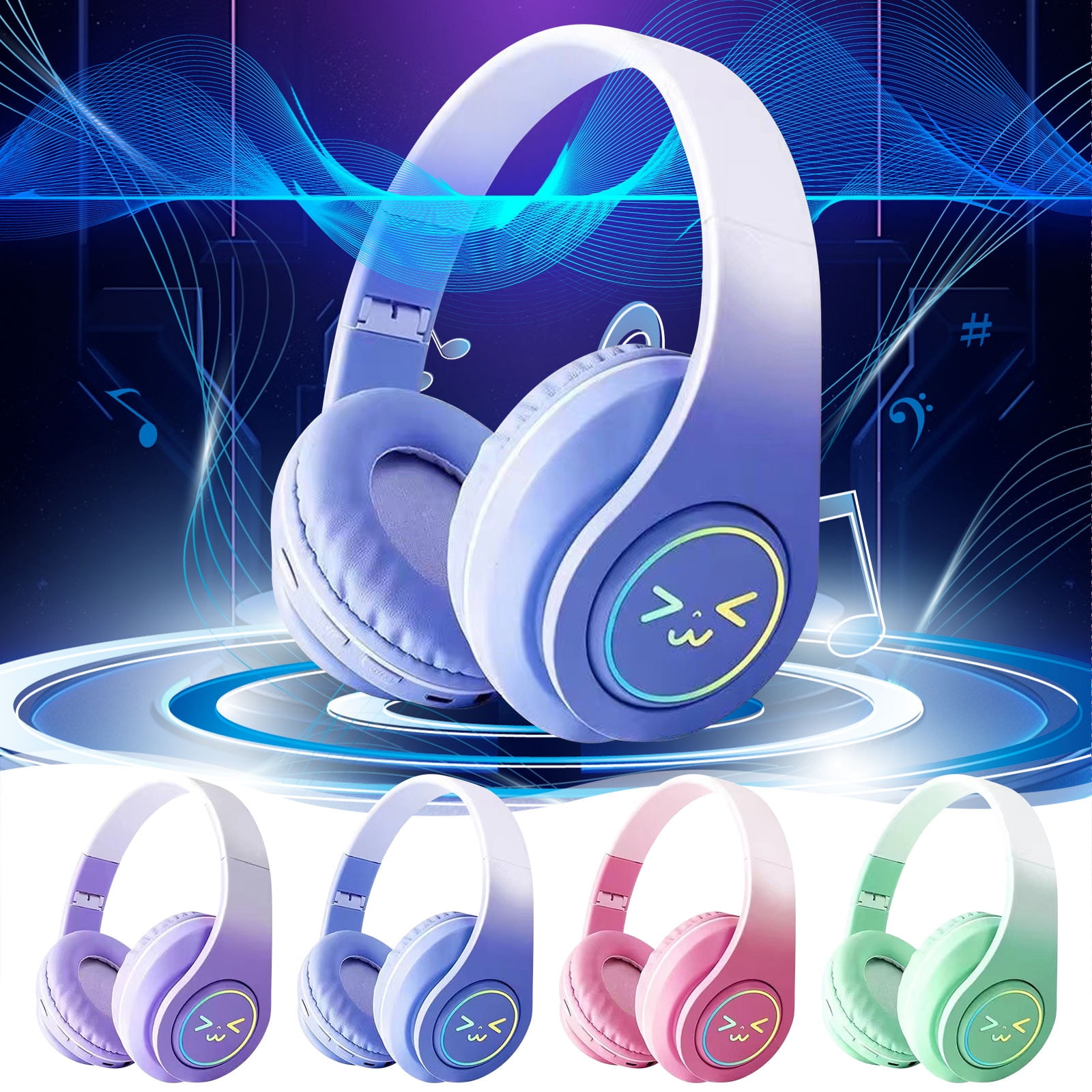 Gradient Color Bluetooth Headset Heavy Colorful Luminous Wireless ...