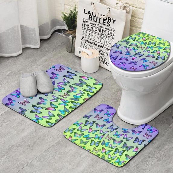 Gradient Color Butterfly Pattern Bathroom Rugs Sets 3 Piece,Toilet Cover Set,Absorbent Non Slip Bathroom Mats Sets with U-Shaped Contour Rug Toilet Rug Set