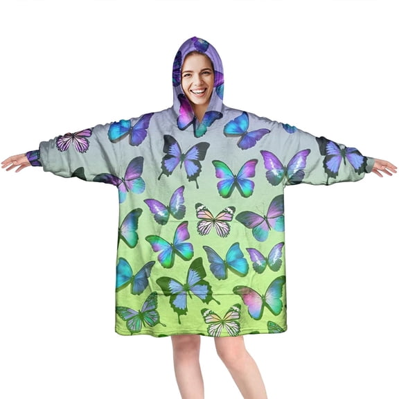 Gradient Color Butterfly Pattern Wearable Oversized Blanket,Wearable Blanket Hoodie for Adults,Cozy Hooded Blankets with Super Pockets,Super Warm Fuzzy Pullover for Women & Men