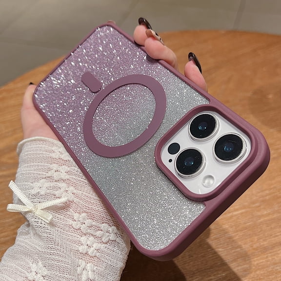 Gradient Color Case for Apple iPhone 12, Stylish Slim Clear Back Cover with Glitter Bling Paper Compatible with Magsafe Anti-Yellow Shockproof Case for Girls Women,Winered