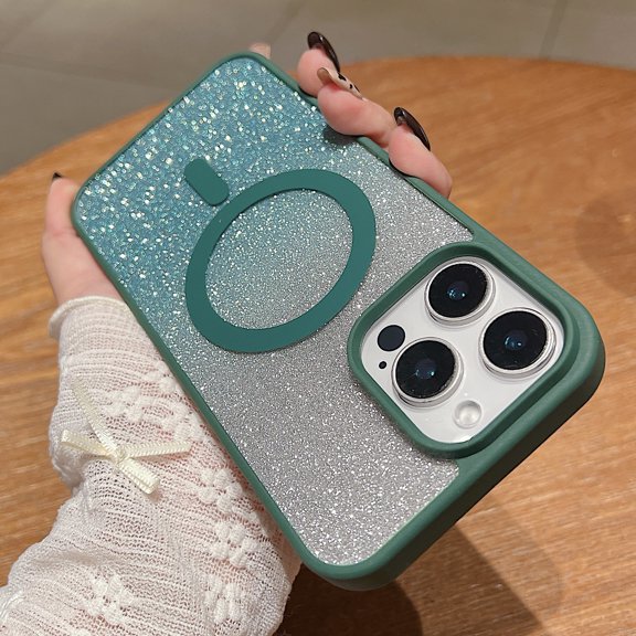 Gradient Color Case for Apple iPhone 13 Mini, Stylish Slim Clear Back Cover with Glitter Bling Paper Compatible with Magsafe Anti-Yellow Shockproof Case for Girls Women,Darkgreen