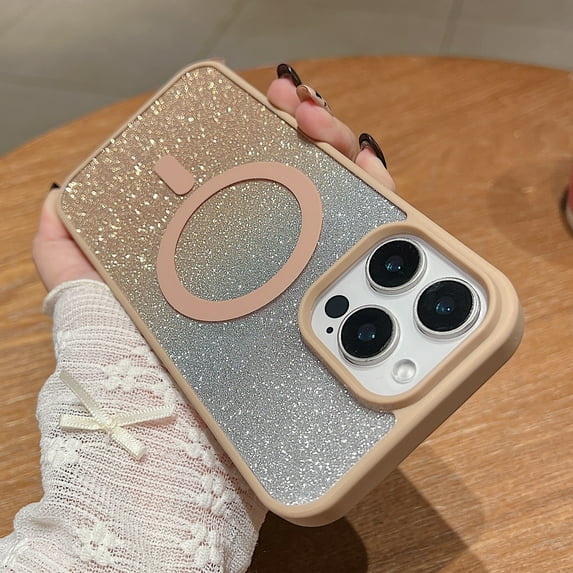 Gradient Color Case for Apple iPhone 13 Pro Max, Stylish Slim Clear Back Cover with Glitter Bling Paper Compatible with Magsafe Anti-Yellow Shockproof Case for Girls Women,Desertgold