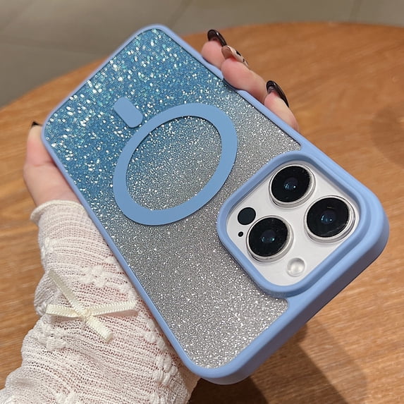 Gradient Color Case for Apple iPhone 16 Pro Max, Stylish Slim Clear Back Cover with Glitter Bling Paper Compatible with Magsafe Anti-Yellow Shockproof Case for Girls Women,Blue