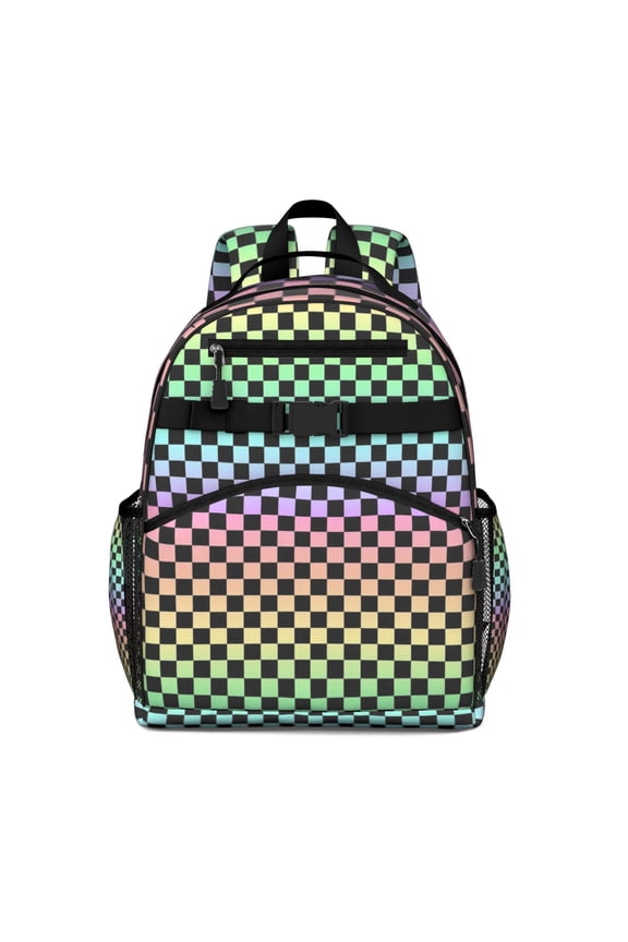 Gradient Color Checkered Pattern Backpack for School,Cute School Bag,Schoolbag with Adjustable Shoulder Straps & Padded Back,15.25"x11.5"x5.25"