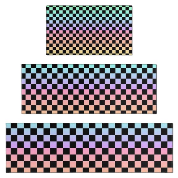 Gradient Color Checkered Pattern Kitchen Rugs Sets Of 3,Kitchen Runner Rugs Non Skid Washable,Decorative Kitchen Floor Mats for Kitchen,Sink,Laundry,17"x30"+ 17"x47" + 17"x59"