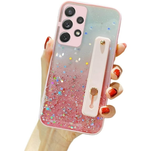Gradient Color Glitter Wristband Stand Phone Case TPU Girls Fashion Shockproof Bumper for Samsung Galaxy A52 A50 A42 A51 A31 A02S A03S A32 4G 5G A01 CORE Back Cover(Pink,Samsung A01)