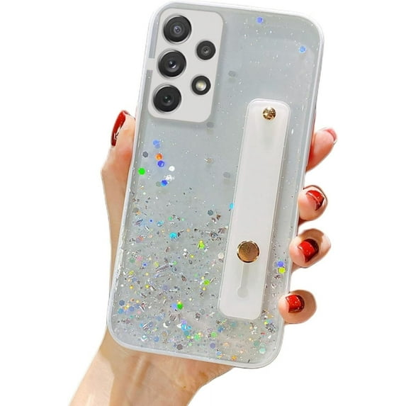 Gradient Color Glitter Wristband Stand Phone Case TPU Girls Fashion Shockproof Bumper for Samsung Galaxy A52 A50 A42 A51 A31 A02S A03S A32 4G 5G A01 CORE Back Cover(White,Samsung A03S)