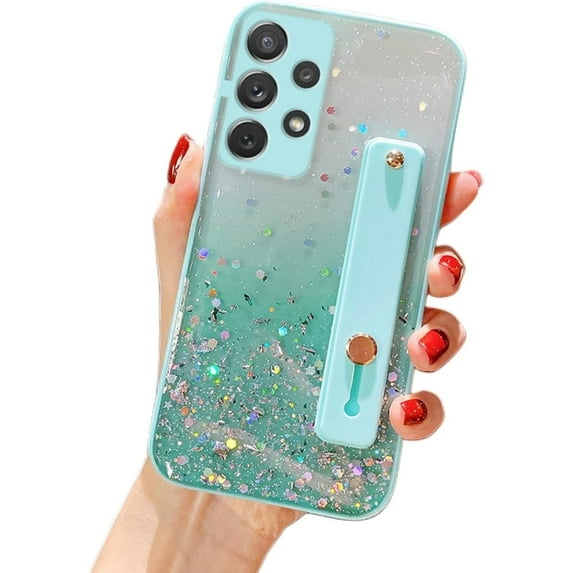 Gradient Color Glitter Wristband Stand Phone Case TPU Girls Fashion Shockproof Bumper for Samsung Galaxy S23 S22 S21 Plus Ultra FE A72 A71 4G Back Cover(Green,Samsung S23 Plus)
