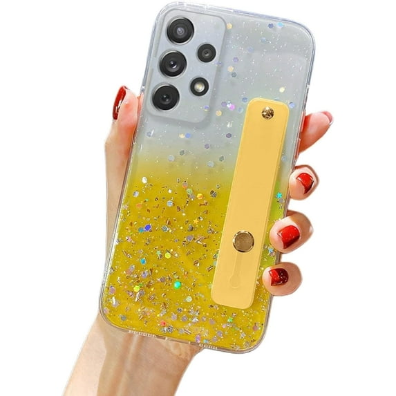 Gradient Color Glitter Wristband Stand Phone Case TPU Girls Fashion Shockproof Bumper for Samsung Galaxy S23 S22 S21 Plus Ultra FE A72 A71 4G Back Cover(Yellow,Samsung S21 FE)