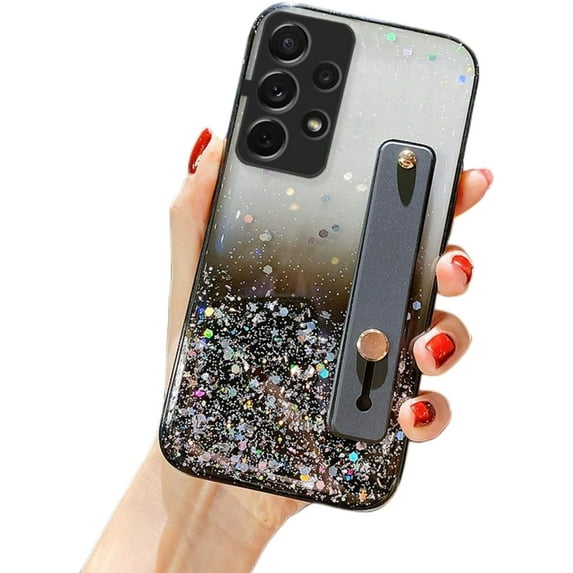 Gradient Color Glitter Wristband Stand Phone Case TPU Girls Fashion Shockproof Bumper for Samsung Galaxy S23 S22 S21 Plus Ultra FE A72 A71 4G Back Cover(Black,Samsung A71 4G)