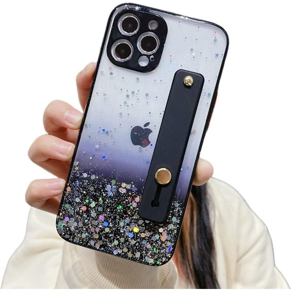 Gradient Color Glitter Wristband Stand Phone Case TPU Girls Fashion Shockproof Bumper for iPhone 11 14 Pro Max 13 12 Mini 7 8 14 Plus SE XS XR Back Cover(Black,iPhone 11 Pro Max)