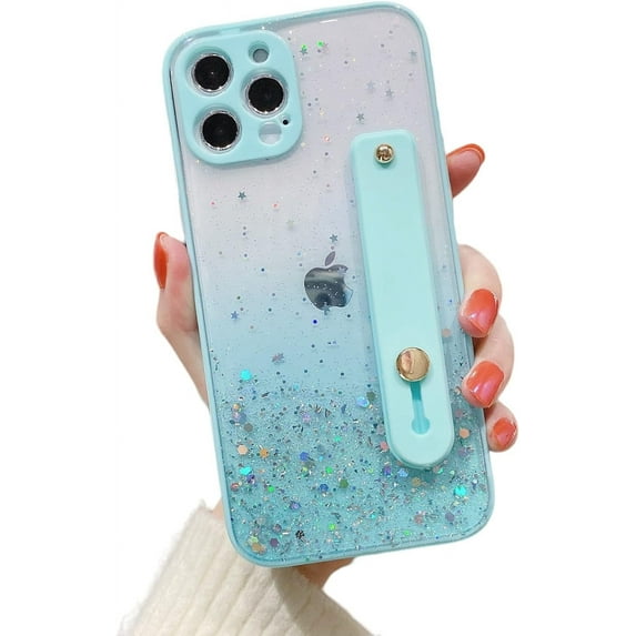 Gradient Color Glitter Wristband Stand Phone Case TPU Girls Fashion Shockproof Bumper for iPhone 11 14 Pro Max 13 12 Mini 7 8 14 Plus SE XS XR Back Cover(Blue,iPhone 13 Pro)
