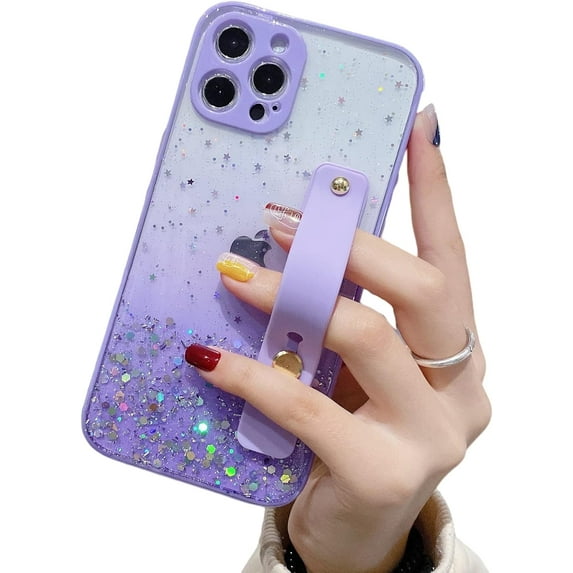 Gradient Color Glitter Wristband Stand Phone Case TPU Girls Fashion Shockproof Bumper for iPhone 11 14 Pro Max 13 12 Mini 7 8 14 Plus SE XS XR Back Cover(Purple,iPhone 14 Pro Max)