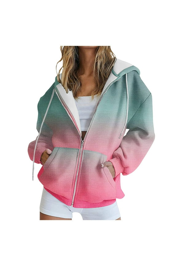 Gradient Color Hooded Cardigan Women Casual Long Sleeve Hoodie Colorful Fashion Coat Full Zip Jackets for Winter