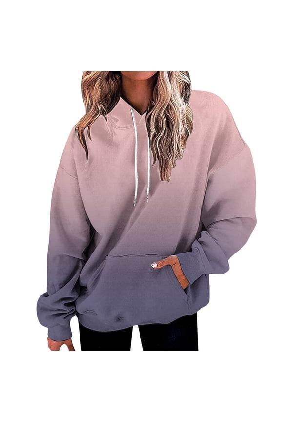 Gradient Color Hoodies for Women Long Sleeve Solid Hooded Sweatshirt Drawstring Pullover Top Streetwear Purple XXL