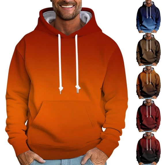 Gradient Color Men's Long Sleeve Casual Hooded Sweatshirt, Pullover Tracksuit Top for Running, Lounge,Orange,M