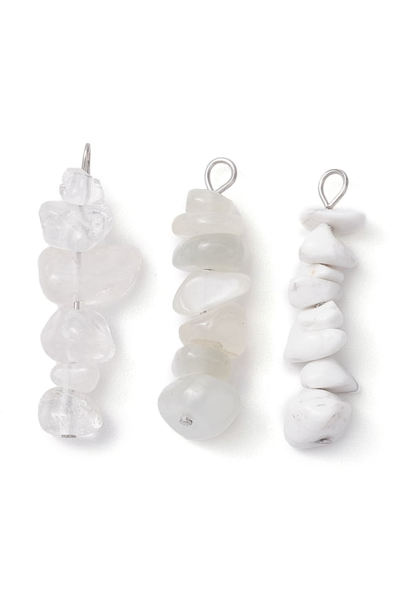 Gradient Color Natural Quartz Crystal & Natural Howlite & White Moonstone Chip Beaded Pendants with 304 Stainless Steel Loops Stainless Steel Color 28~34x7~10x7~10mm Hole: 2x3mm 3pcs/set