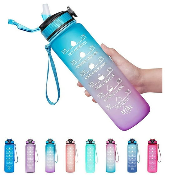 Gradient-Color Plastic Cup 34oz Space Mug with Bounce-Top Lid and Frosted Straw Cup Featuring Time Markings