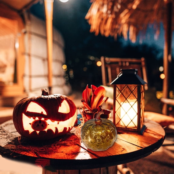 Gradient Color Pumpkin Props Led Electronic Lights with Timer Holiday Light Up Decorations Timer Function Glass Pumpkin Room Home Decor Gold