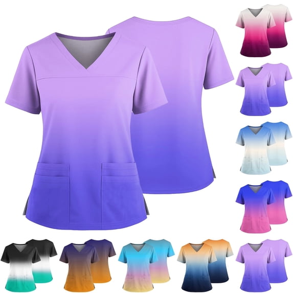 Gradient Color Scrub Tops Women V Neck Short Sleeve Stretch Nurse Uniform with 2 Pockets Functional Workwear, #01 Light Purple, S