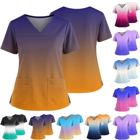 Gradient Color Scrub Tops Women V Neck Short Sleeve Stretch Nurse Uniform with 2 Pockets Functional Workwear, #01 Orange, 5XL