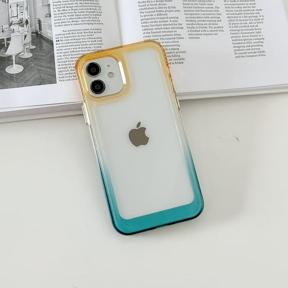 Gradient Color Shockproof Clear Phone Case TPU Compatible with iPhone 12, Drop Protection Transparent Anti-Scratch Slim Thin Back Cover Colorful Frame Wireless Charging, Yellow+Blue