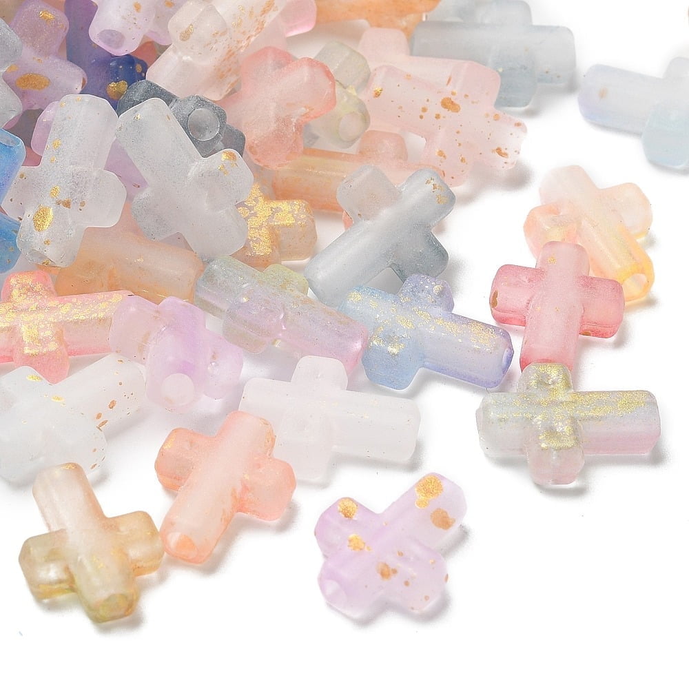 Gradient Color Transparent Acrylic Beads with Golden Foil Cross Mixed Color 16x12.5x4.5mm Hole: 2.5mm about: 1429pcs/500g