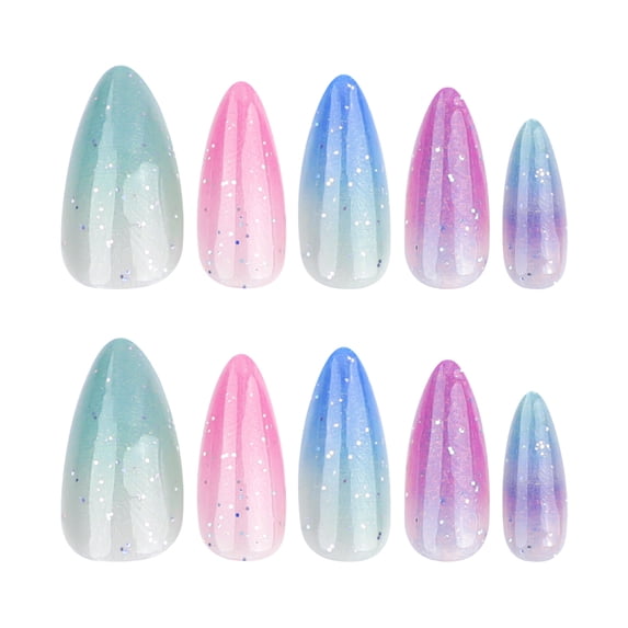 Gradient Color with Glitter Accents Press on Nails, Long Pointed Almond Glossy Translucent Artificial Nails, 24 Count