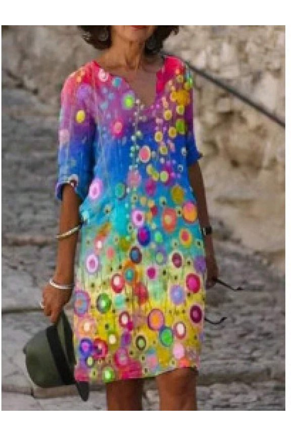 Gradient Colors Printed V-Neck Relaxed Fit Midi Dress With Abstract Circle Pattern