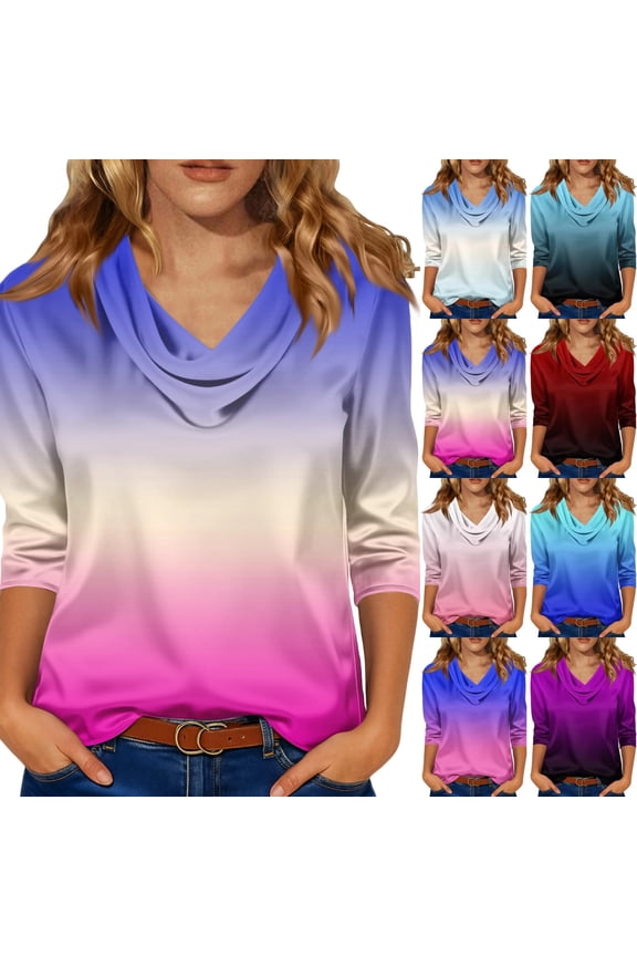 Gradient Cowl Neck Tops for Women Trendy Draped 3/4 Sleeve Dressy Casual Elegant Blouse Summer Tunic Shirts, 01# Cyan L