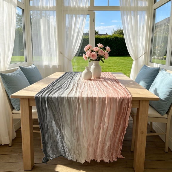 Gradient Crinkle Table Runner 71x35 Inch - Bohemian Tie Dye Sheer Gauze Table Flag for Wedding Party Decor, Burlap Rustic Event Table Cover