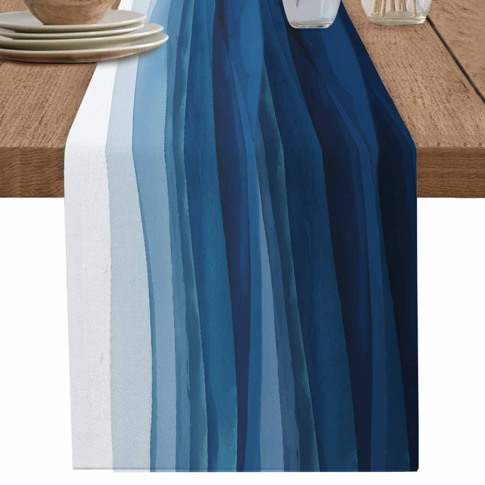 Gradient Dark Blue White Ocean Waves Table Runner-36 Inch Long Abstract ...