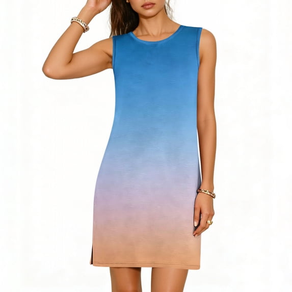 Gradient Dresses for Women Crew Neck Sleeveless Mini Dress with Side Slit Lightweight Basic Casual Dresses Wrinkle-Free 2026 Summer Beach Travel Vacation Short Sundress