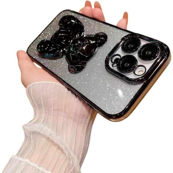 Gradient Electroplating Glitter Phone Case with Bear Hidden Stand, Cute Phone Case, Simple and Cool for iPhone 1514 13 12 11 Pro Max XS XR X Phone Case (Black,iPhone 11 Pro Max)