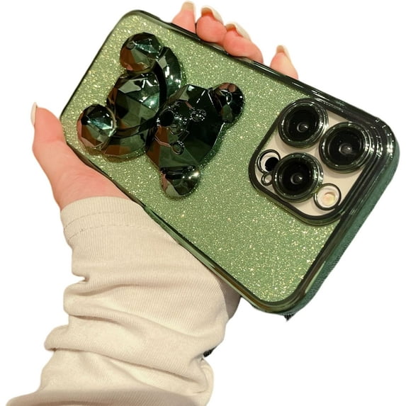 Gradient Electroplating Glitter Phone Case with Bear Hidden Stand, Cute Phone Case, Simple and Cool for iPhone 1514 13 12 11 Pro Max XS XR X Phone Case (Green,iPhone 12 Pro Max)