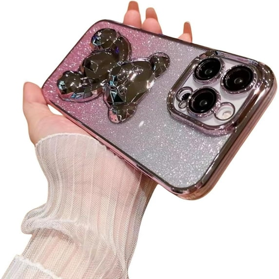 Gradient Electroplating Glitter Phone Case with Bear Hidden Stand, Cute Phone Case, Simple and Cool for iPhone 1514 13 12 11 Pro Max XS XR X Phone Case (Pink,iPhone 12 Pro Max)
