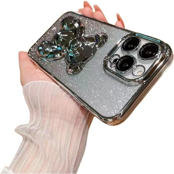 Gradient Electroplating Glitter Phone Case with Bear Hidden Stand, Cute Phone Case, Simple and Cool for iPhone 1514 13 12 11 Pro Max XS XR X Phone Case (Silver,iPhone 14 Pro)