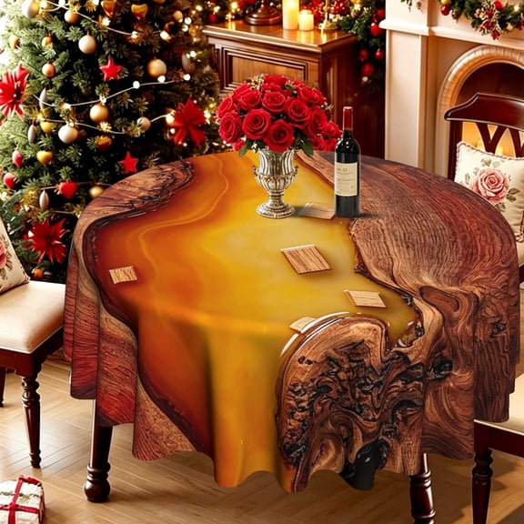Gradient Epoxy Resin River Red Wood 2D Print Round Tablecloth, Rustic Farmhouse Cover for Kitchen Dining Garden, Christmas Thanksgiving Warm Bold Table Decor