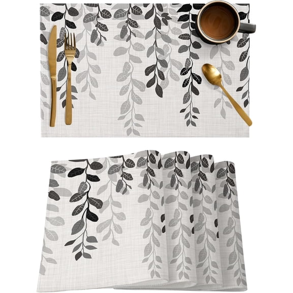 Gradient Eucalyptus Placemats Set of 4,Washable Woven Burlap Cloth Fabric Placemat for Square/Rectangle/Round/Oval Dining Table,Easy Clean Place Mats for Toddlers,Kids Grey Country Rustic Leaves Plant