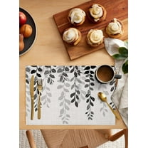 Gradient Eucalyptus Placemats Set of 6,Washable Woven Burlap Cloth Fabric Placemat for Square/Rectangle/Round/Oval Dining Table,Easy Clean Place Mats for Toddlers,Kids Grey Country Rustic Leaves Plant