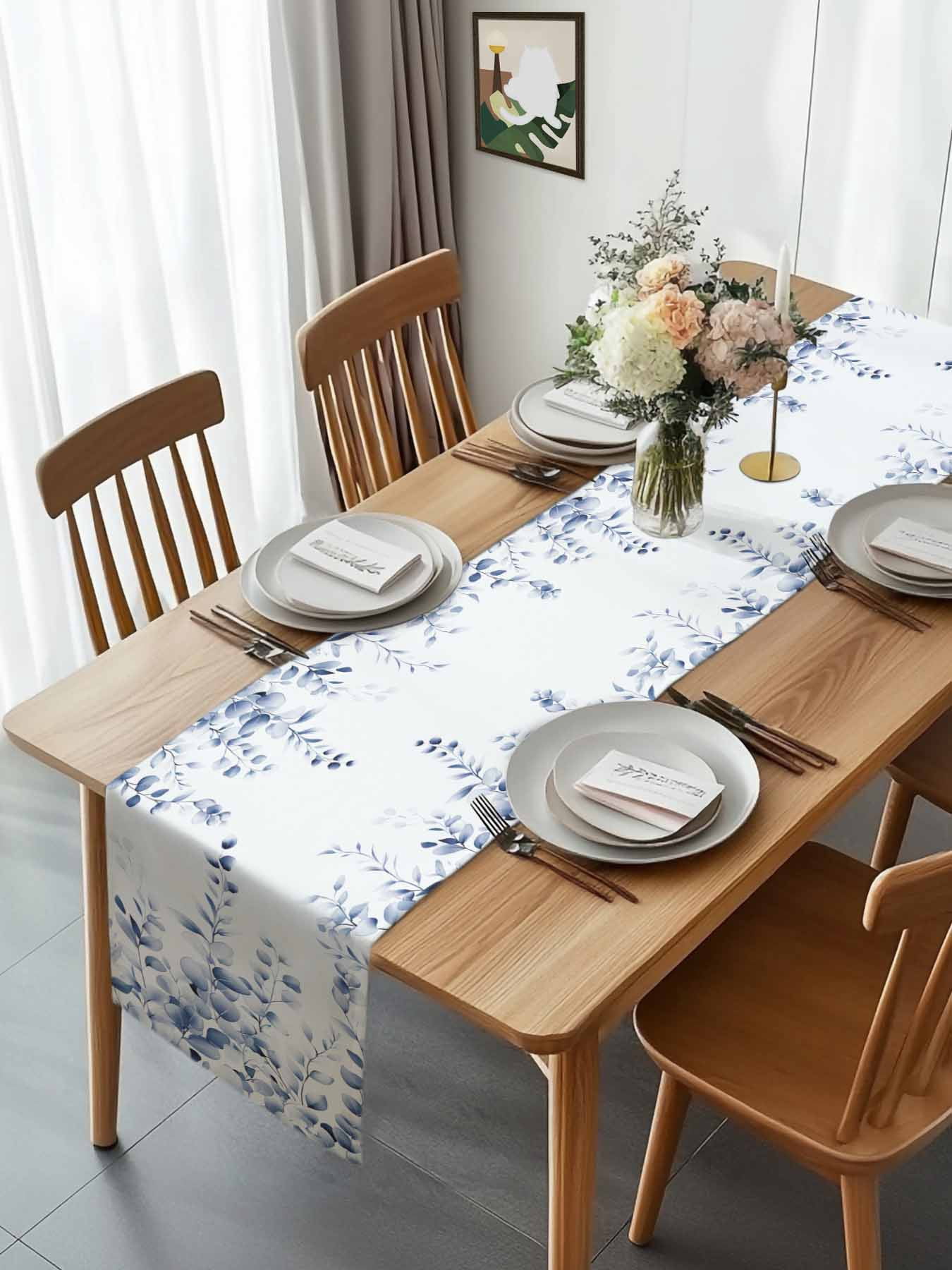 Gradient Farm Eucalyptus Leaves Table Runner 90 Inches Long, Retro Country Botanical Table Runners Tabletop Scarf Kitchen Dining Tables Decoration for Home Party Indoor Outdoor