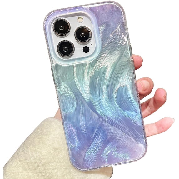 Gradient Feather Laser Curly Wavy Texture Aesthetic TPU Case Compatible with iPhone Case (iPhone 12 Pro Max,Purple-Blue)